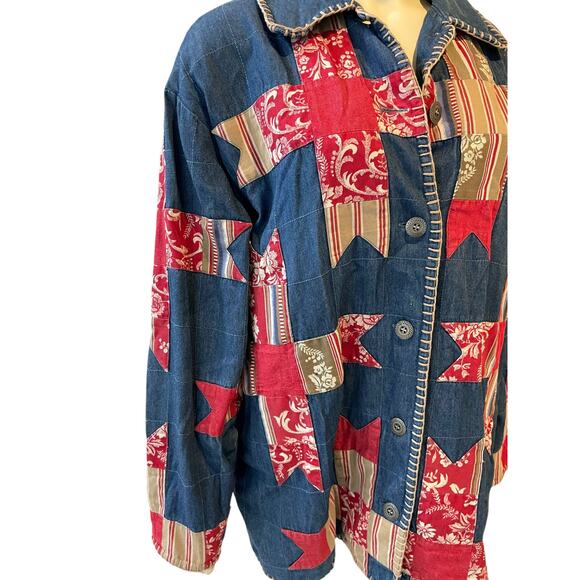 Susan Bristol Chambray Denim Quilted Barn Jacket Large Blue Red - Picture 6 of 10